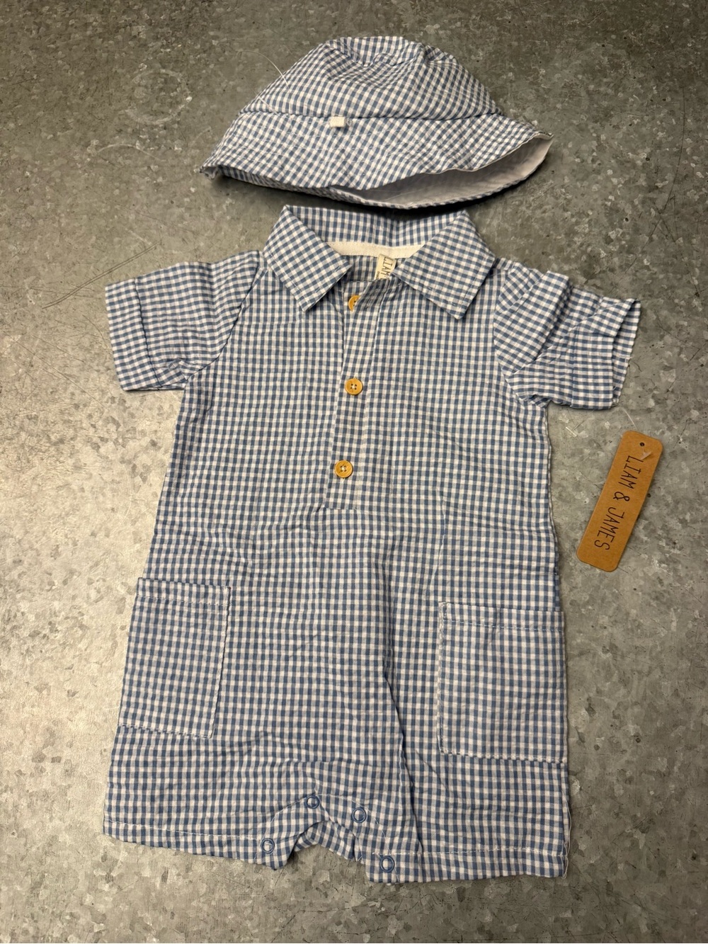 Liam & James Baby Boys Blue Gingham Romper & Hat Set 12 Months New With Tags